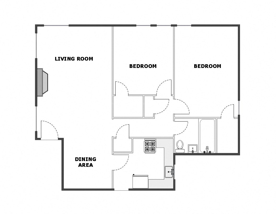 Floor plan for 2 beds, 1 bath, 1200 sqft